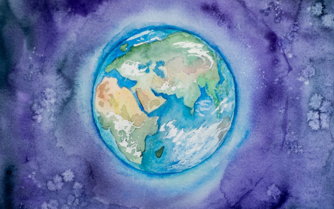 a watercolor painting of the earth in space